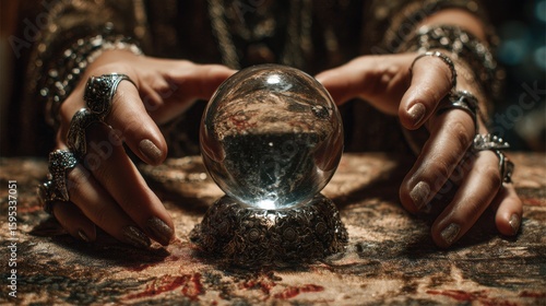 Mystic Sphere Held by Seer. Enigmatic Crystal Ball for Future Insights and Fate Revelations