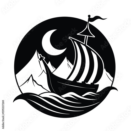 Viking ship sailing under crescent moon silhouette