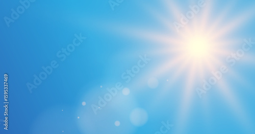 Realistic Bright Sun against clear Blue Sky. Summer Sunny Sky. Sunlight with Reflections. Blue Sky Background. Spring landscape. Vector illustration