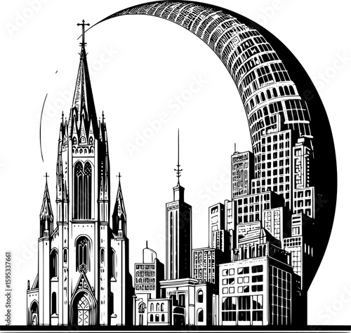 Cityscape in an elliptical frame. EPS version.
