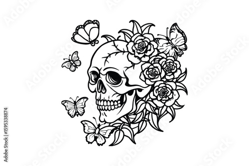 Elegant Skull with Roses and Butterflies in Black and White Line Art a Symbolic Representation of Life Death and Transformation Perfect for Tattoo Designs