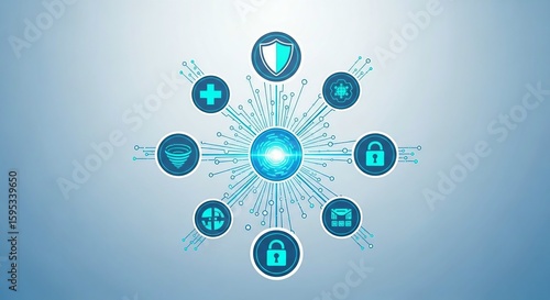 A futuristic digital illustration of a cybersecurity network with a glowing central orb and icons representing security features like shields, locks, and gears, connected by radiating lines on a blue 