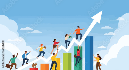 Climbing to Success A diverse group striving upwards on a bar graph, guided by a large white arrow pointing towards business growth and teamwork.
