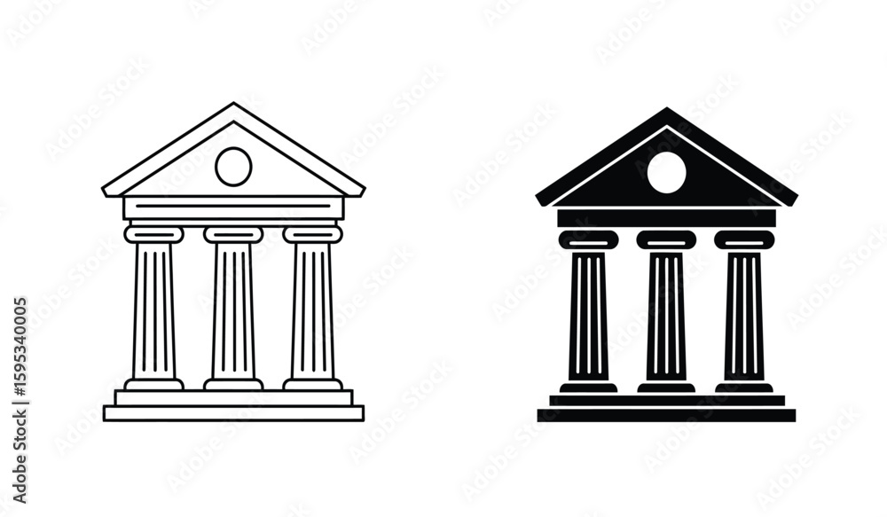 Naklejka premium Bank or Courthouse Icon Set in Black and White Outline Style