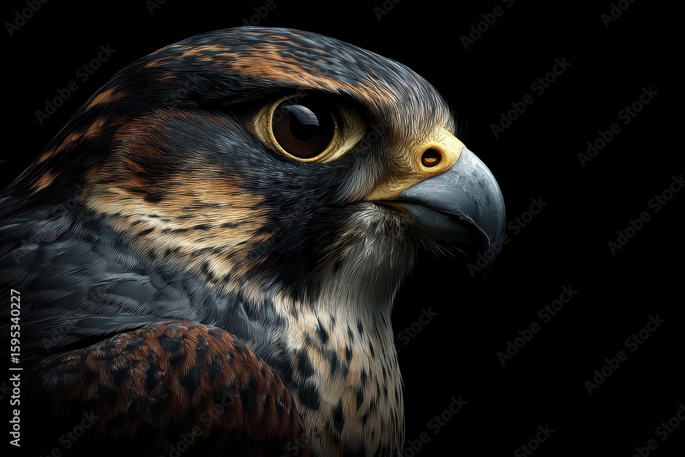 Fototapeta premium Majestic Falcon Portrait Against Dark Canvas: Nature's Fierce Aviator with Striking Features