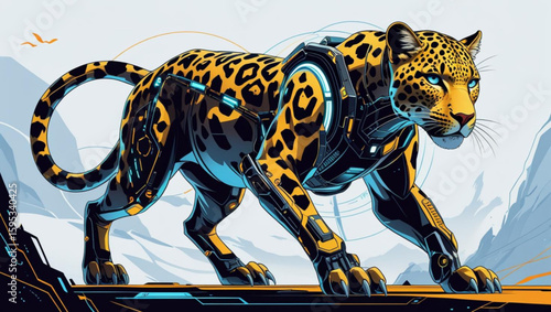 robotic jaguar, a cyborg predator with bionic enhancements and armor in a stylized landscape