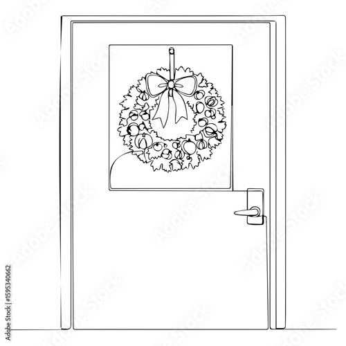 Front door with decorative wreath and bow in winter season  
