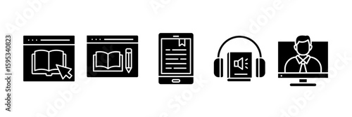 Online Education Icon Set, Containing design Education, Digital Book, E-Book, Audiobooks, Tutor
