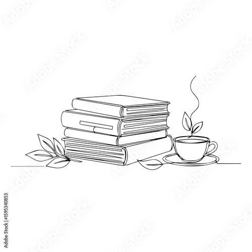 Stack of books with steaming cup and leaves in minimalist style  