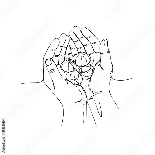 Hands holding chestnuts in a simple line drawing style  