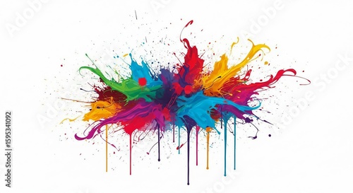 A striking abstract image with colorful paint splashes in red, orange, yellow, green, blue, purple, and pink arranged in a row against a white background