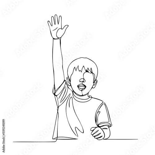 Boy raising hand with enthusiasm in classroom setting, Back to School, Autumn, School  