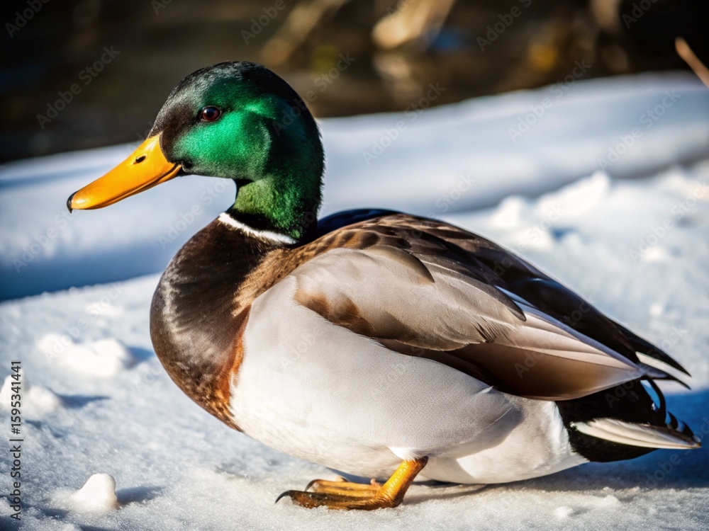 A majestic male mallard duck with iridescent green head stands proudly on a snowy winter day A majestic male mallard duck with iridescent green head stands proudly on a snowy winter day