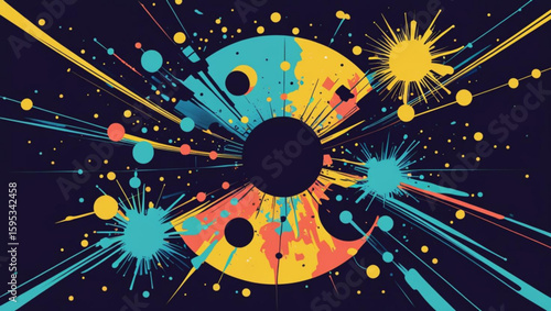 Abstract colorful explosion background with paint splatters, representing creativity, celebration, or a cosmic big bang