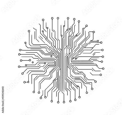 Circuit Board Mandala: A minimalist line art illustration depicts a circular circuit board design, showcasing intricate pathways and nodes in a monochrome style.
