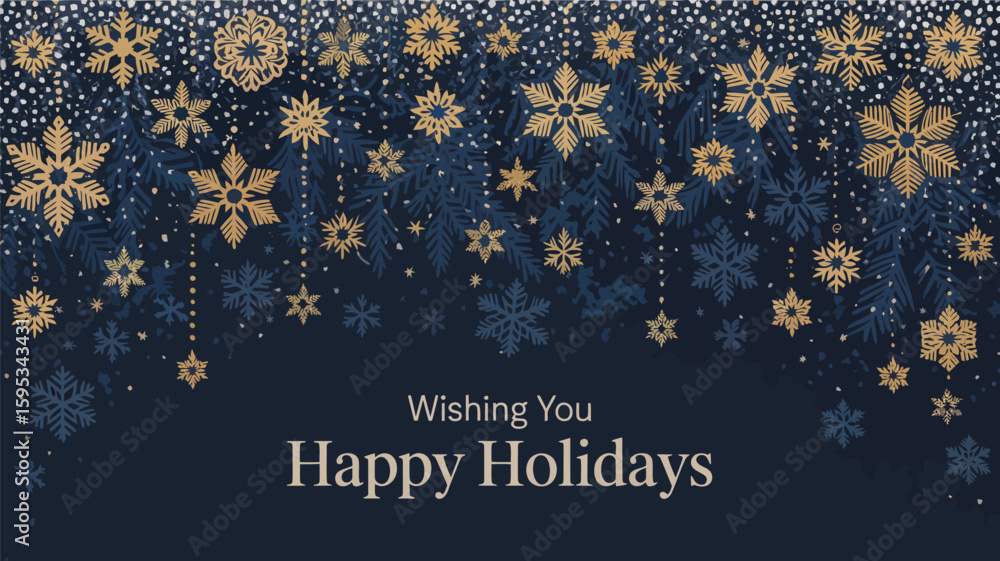 Εκτύπωση καμβά "Happy Holidays Greeting Card with Hanging Gold Snowflakes and Stars on Deep Blu