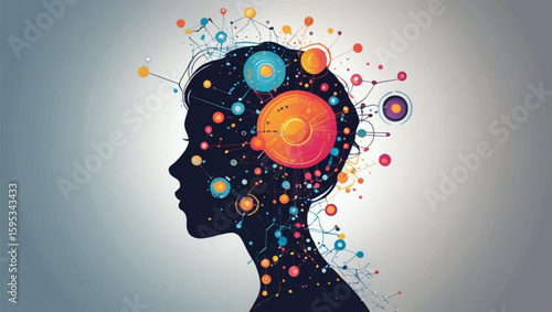 silhouette of a woman's head filled with a cosmic network of thoughts, ideas, and planets