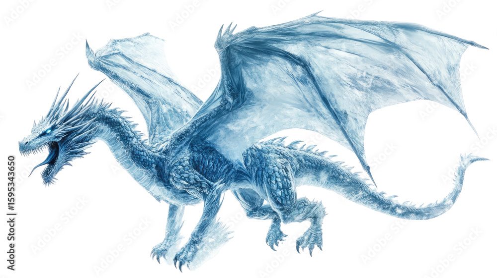 Fototapeta premium A majestic ice dragon glides gracefully over a breathtaking landscape on white background
