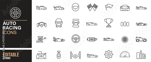 Motorsport Icons Featuring Cars, Trophies, Wheels, and Racing Equipment