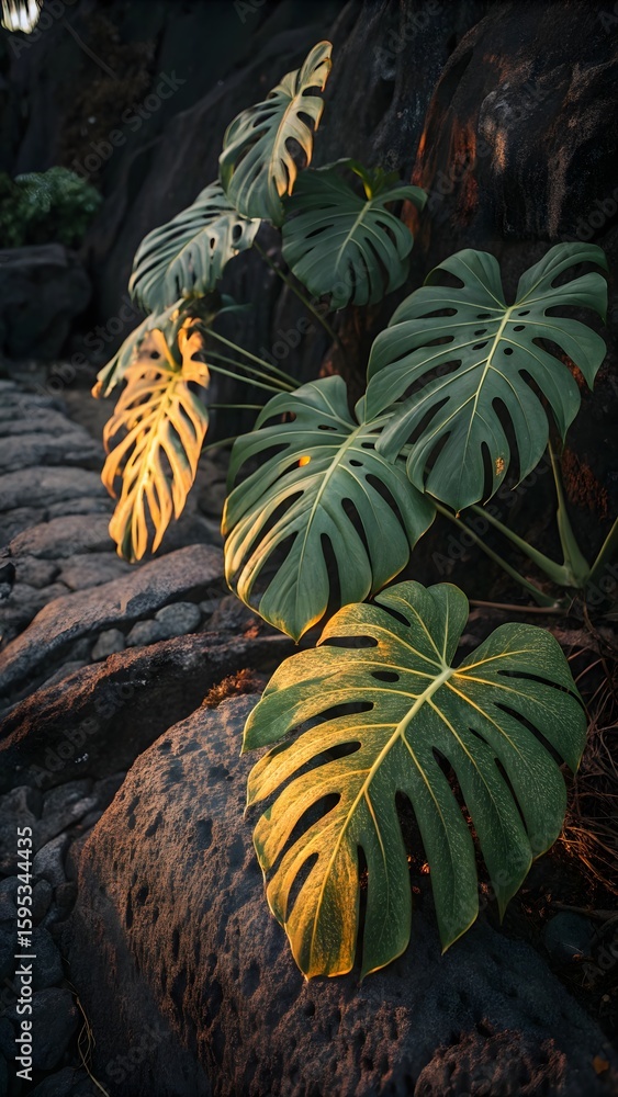 Fototapeta premium Golden hour illuminates vibrant Monstera deliciosa leaves atop dark volcanic rock, creating a serene tropical scene.