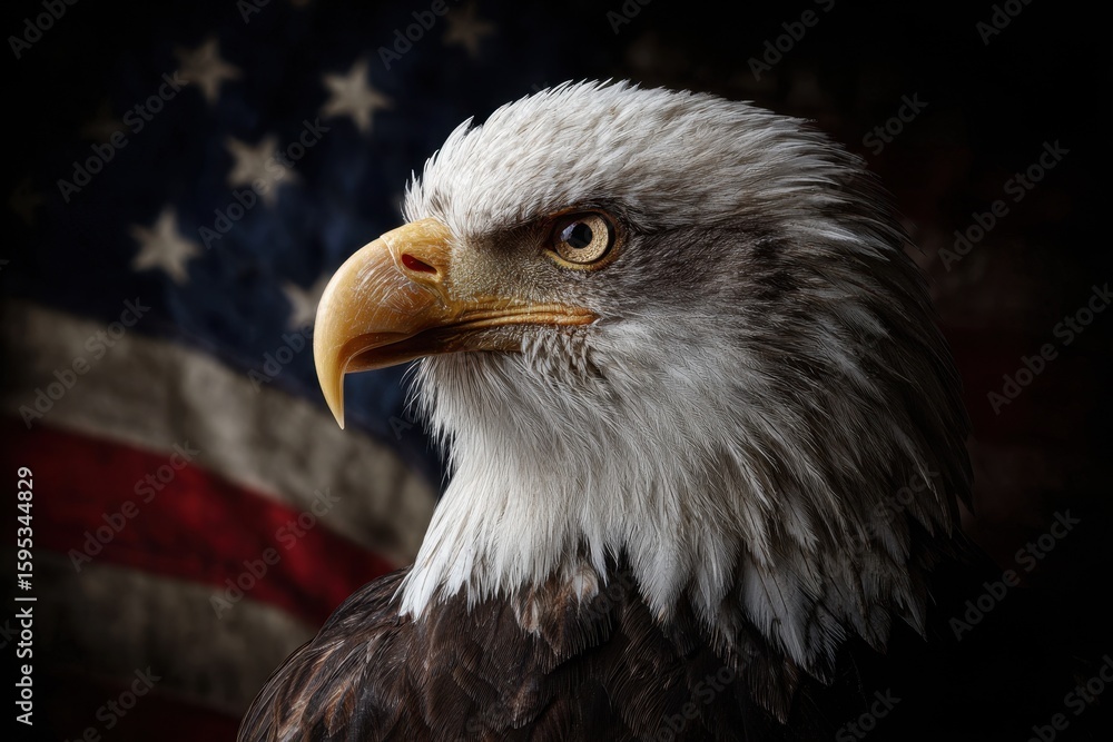 Obraz premium Majestic Bald Eagle Against the American Flag: A Symbol of Patriotism and Heritage in the US