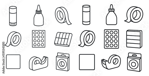 Collection of items that are related to office supplies. The items include tape, scissors, and other office supplies