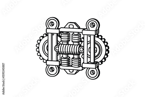 Detailed Line Art Illustration of a Complex Mechanical Device Featuring Gears Cylinders and Intricate Structural Elements Isolated on a White Background for Technical Drawings or