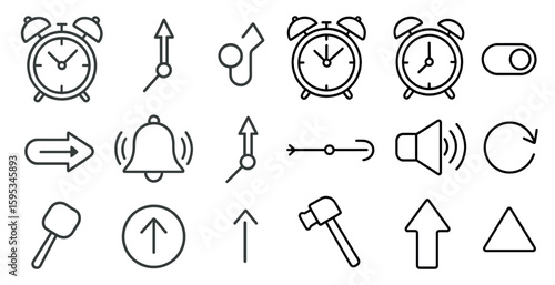 Collection of various clock and alarm clock icons. The clocks are arranged in different orientations and sizes, with some appearing to be on top of each other. Scene is one of organization and order
