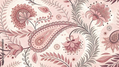 Elegant blush pink paisley floral pattern; intricate design, romantic mood, seamless repeat textile print.
