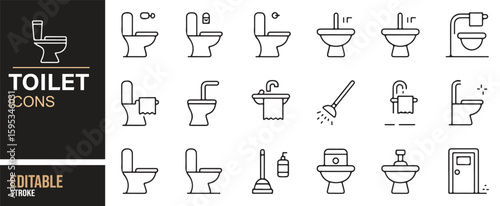 Sanitation and Bathroom Fixtures Icon Set for Plumbing, Restroom, and Hygiene Designs