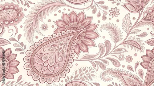Elegant blush pink paisley floral pattern; ornate, intricate design; seamless textile texture.