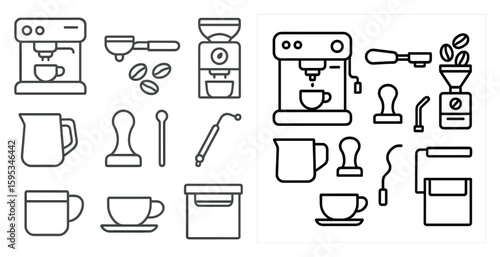 Collection of coffee-making equipment, including a coffee maker, a coffee grinder, and a coffee press. The coffee maker is positioned on the left side of the image, while the coffee grinder