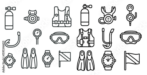 Collection of items related to scuba diving and snorkeling. The items include a watch, a flag, a life vest, a snorkel, a mask, and a tank