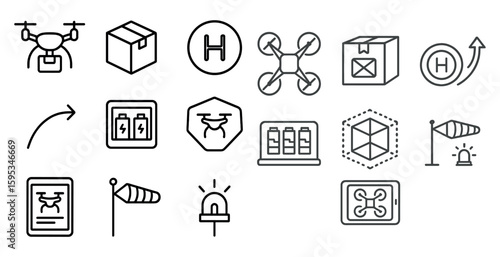 Series of icons for various devices and concepts. The icons include a box, a drone, a box with a box on top, a box with a box on top of it, a box with a box on top of it