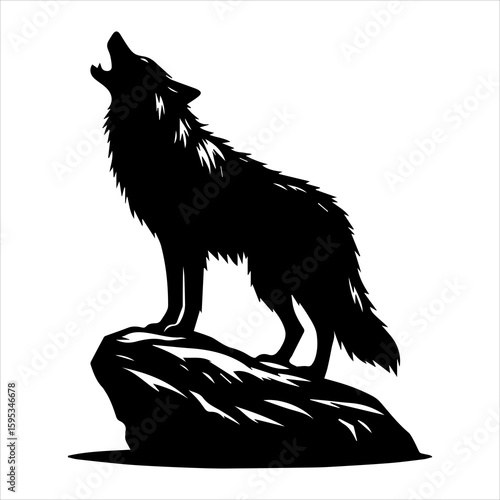 Black silhouette of a howling wolf on a rock in white background, Wolf Howling Atop A Mountain Peak