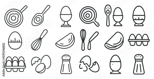 Set of food icons including eggs, salt, and a whisk. The icons are drawn in black and white and are arranged in a grid