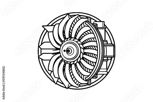 Detailed Line Art Illustration of a Turbocharger Featuring Intricate Blade Design and Mechanical Components Isolated on a White Background Suitable for Technical Drawings or Automotive