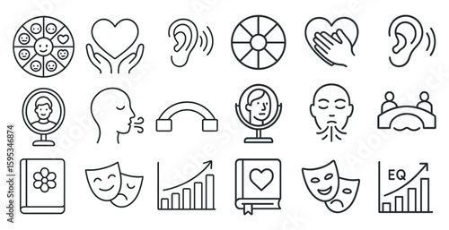 Collection of icons that represent different emotions and concepts. The icons include a heart, a book, a mirror, a clock, a hand, a person, a smiley face, a frowning face, a bed, a bedside lamp