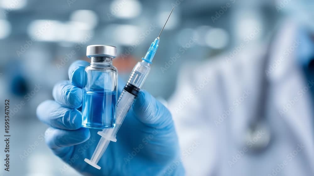 Doctor Holding Syringe and Vaccine Vial in Medical Laboratory Doctor Holding Syringe and Vaccine Vial in Medical Laboratory