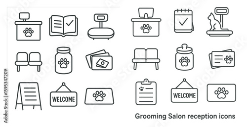 Set of icons for a grooming salon reception. The icons include a sign that says "welcome," a sign that says "welcome," a sign that says "welcome," a sign that says "welcome