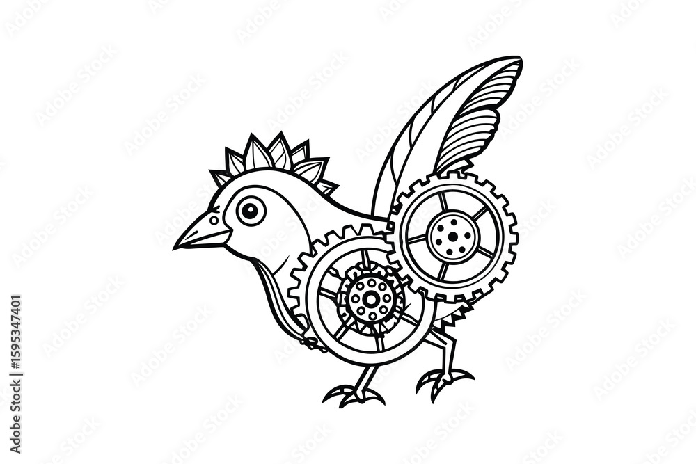 Fototapeta premium Steampunk Chicken Illustration A detailed line art drawing of a chicken with gears and mechanical elements perfect for coloring books tattoos and creative designs isolated