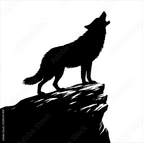 Black silhouette of a howling wolf on a rock in white background, Wolf Howling Atop A Mountain Peak