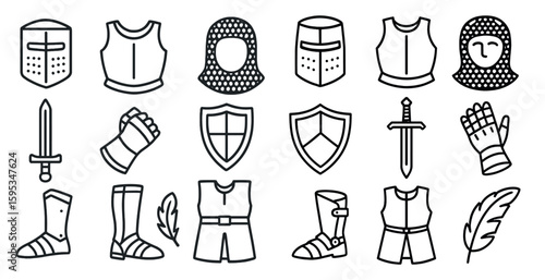 Collection of medieval armor and weapons. The armor and weapons are drawn in black and white. Concept of history and the importance of protection in the past