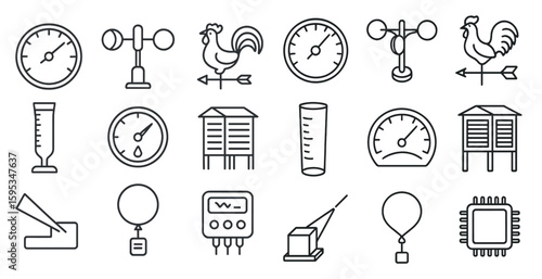 Collection of weather and temperature gauges. The gauges are all lined up in a row, with some of them being more prominent than others. Scene is one of precision and accuracy