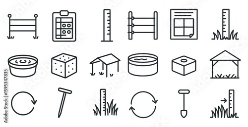 Set of icons for various farm and yard tools and equipment. The icons include a shovel, a pitchfork, a wheelbarrow, a ruler, a bucket, a box, a pen, a clipboard, a house, a shed