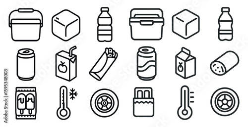 Set of icons for food and drink items, including a can of soda, a carton of juice, a bottle of water, and a thermos