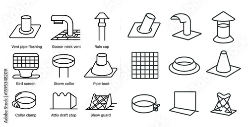 Collection of drawings of various objects, including a vented pipe, a vent pipe, a vent pipe, a vent pipe, a vent pipe, a vent pipe, a vent pipe, a vent pipe, a vent pipe, a vent pipe,