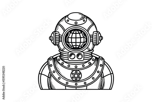 Vintage Diving Suit Illustration with Globe in Helmet Black and White Line Art Underwater Exploration Retro Diver Nautical Theme Isolated on White Background Vector