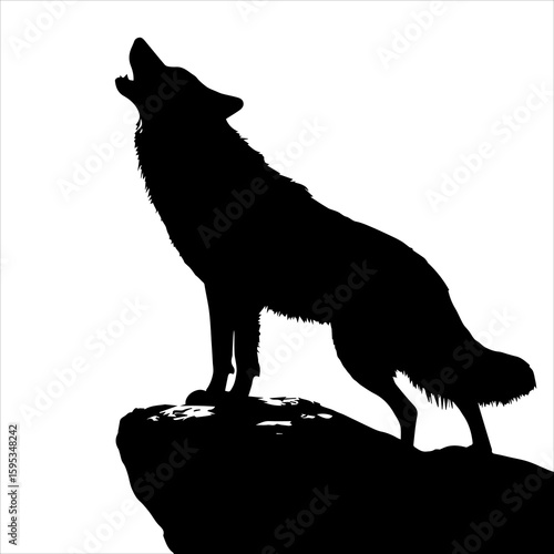 Black silhouette of a howling wolf on a rock in white background, Wolf Howling Atop A Mountain Peak