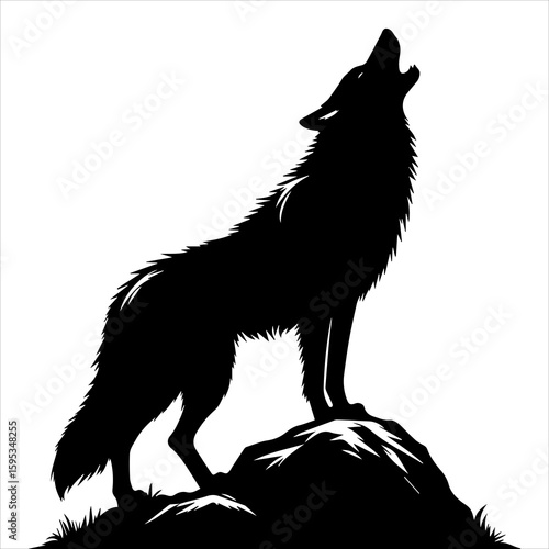 Black silhouette of a howling wolf on a rock in white background, Wolf Howling Atop A Mountain Peak